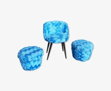 1 Chaise et 2 Poufs Vintage Moumoute Bleu