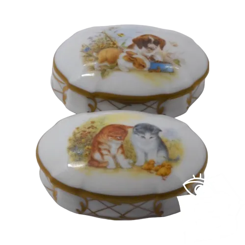 -2 PETITES BOITES PORCELAINE BOITE A PILULES LIMOGES CHATONS CHIOT LAPIN D