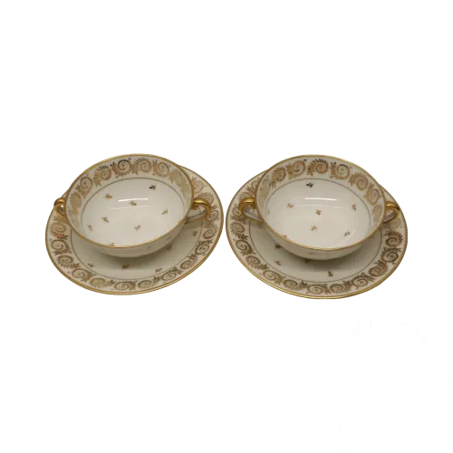 -2 TASSES à 2 anses & leurs SOUCOUPES PORCELAINE LIMOGES BELLES DORURES D