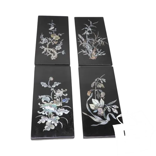 -4 PANNEAUX DECORATIFS BOIS Laqué Noir avec MOTIFS FLORAUX COULEURS Nacrées D