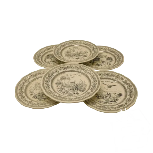 -6 ASSIETTES GIEN XXe MUSEE DE LA FAIENCERIE GIEN FABLES LA FONTAINE TABLE D