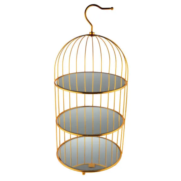 CAGE Présentoir à gâteaux 3 étages doré avec miroir