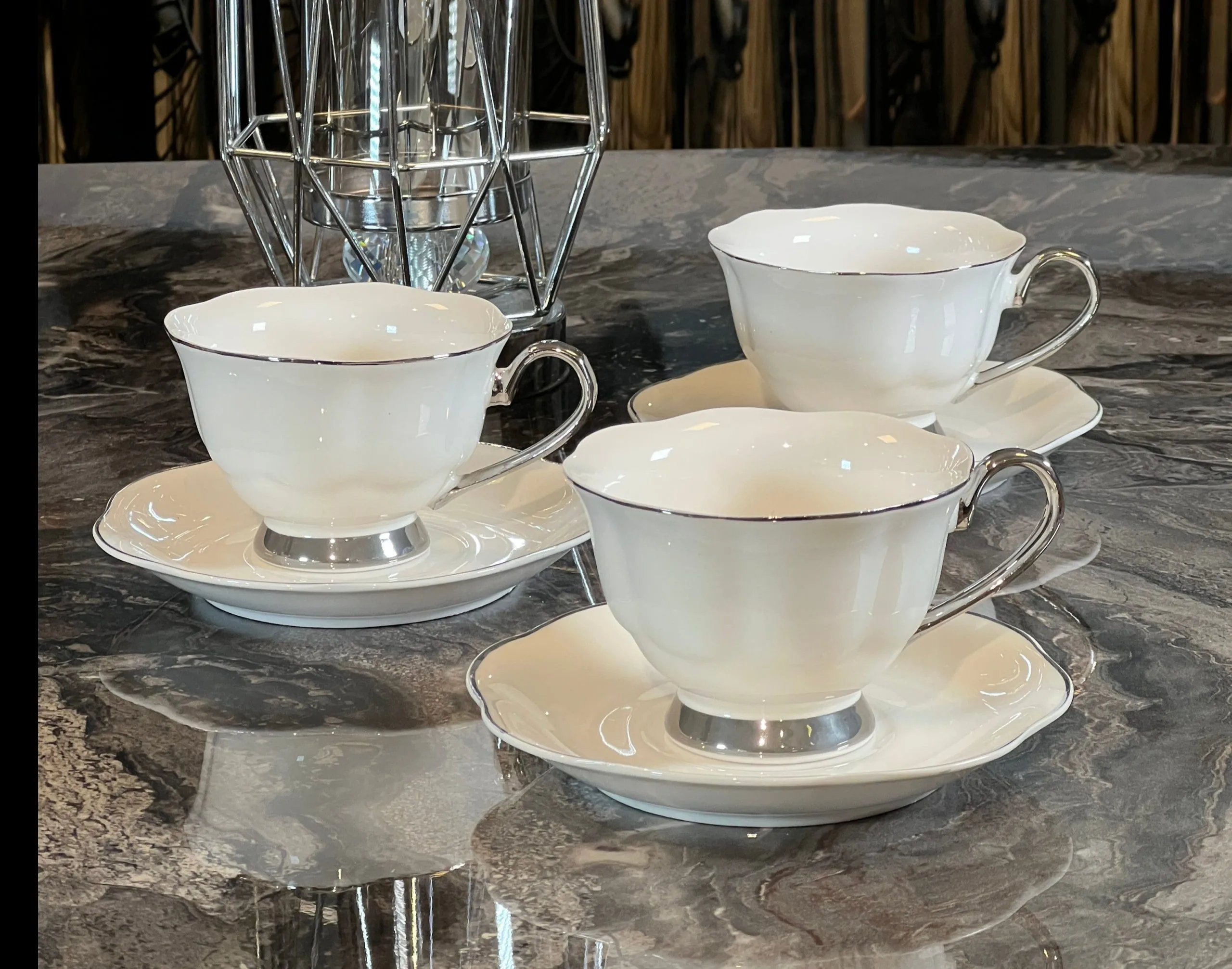 ZELLERFELD Set de tasses à thé 6 personnes 12 pièces avec liseré argenté