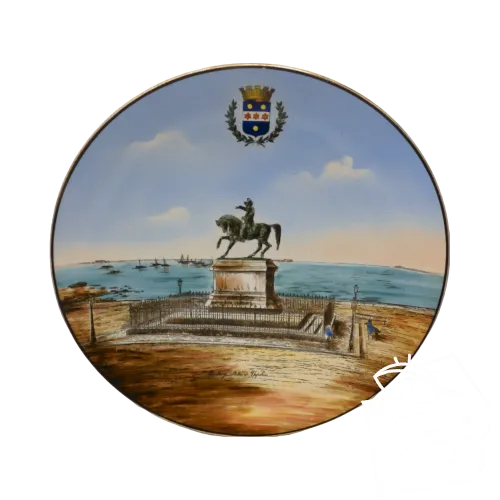 -ANCIEN GRAND PLAT CERAMIQUE PEINTE CHERBOURG STATUE de NAPOLEON COLLECTION  D