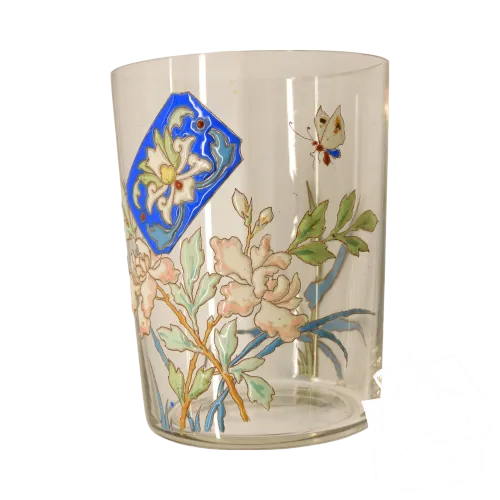 -ANCIEN VERRE GOBELET BEL EMAIL LEGRAS FLEURS & PAPILLON COLLECTION VITRINE  D