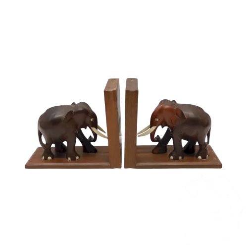 - ANCIENNE PAIRE de SERRE LIVRES BOIS déco 2 ELEPHANTS BIBLIOTHEQUE LIVRE D