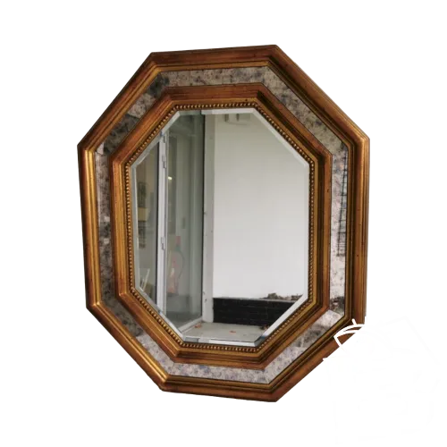 Grand MIROIR a PARECLOSES Glace Biseaute 1961 Belgique Résine Dore Mirror MAG
