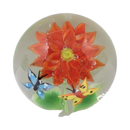 - GROSSE BOULE SULFURE XXe Grosse fleur rouge & Papillons PAPERWEIGHT Murano? D