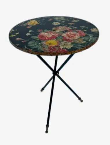 ?GUERIDON 1960 DECOR FLORAL PIETEMENT NOIR TUBULAIRE PLASTIFIE L591