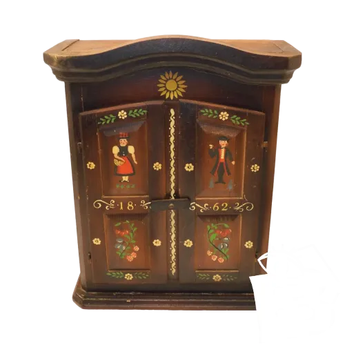 *JOLIE ANCIENNE ARMOIRE de POUPEE BOIS XXe décor personnages PEINTS datée 1862 D