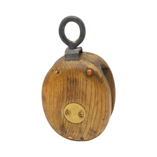 - JOLIE ANCIENNE POULIE BOIS & BRONZE COLLECTION DECO NAUTIQUE VITRINE D