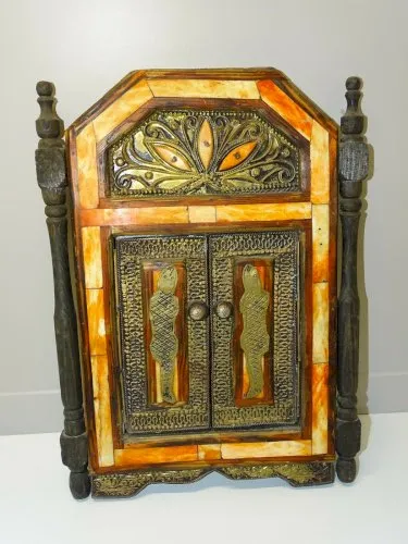 *JOLIE GLACE MURALE XXe DECOR MARQUETERIE LAITON Ciselé avec 2 PETITES PORTES D