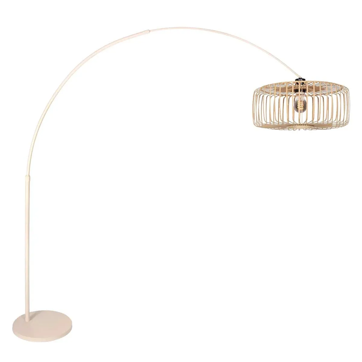 Lampadaire arc en métal crème abat-jour rotin tressé – H240 cm