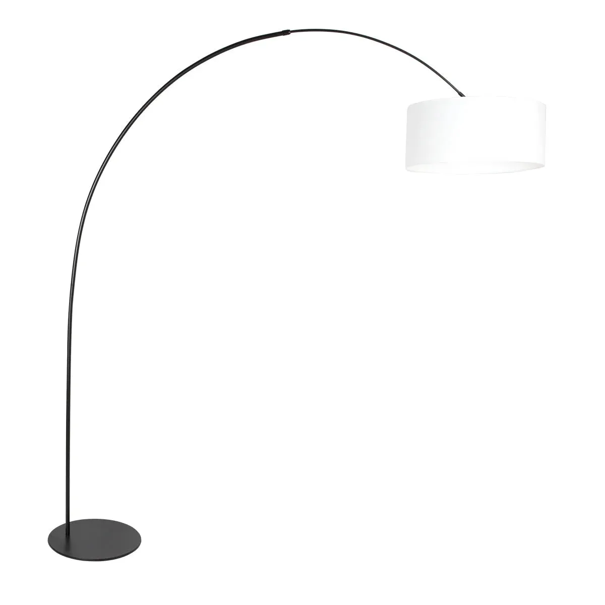 Lampadaire arc métal noir abat-jour lin blanc cylindrique – H210 cm