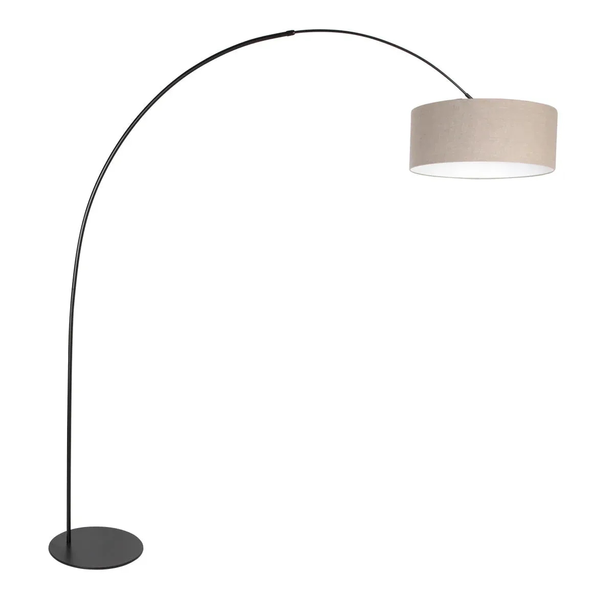 Lampadaire arqué en métal noir abat-jour lin beige cylindrique – H193 cm