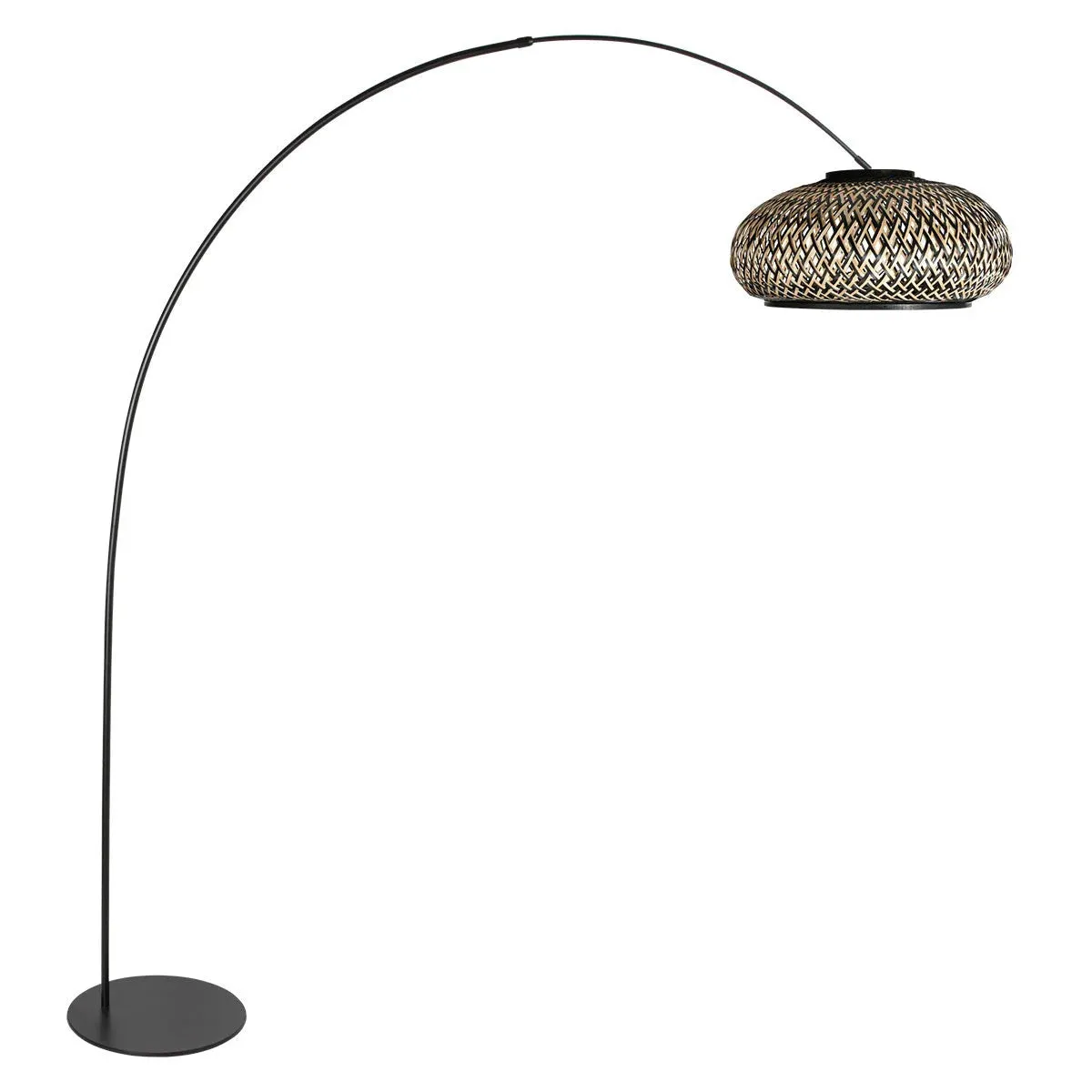 Lampadaire arqué noir avec abat-jour en rotin tressé naturel – H193 cm