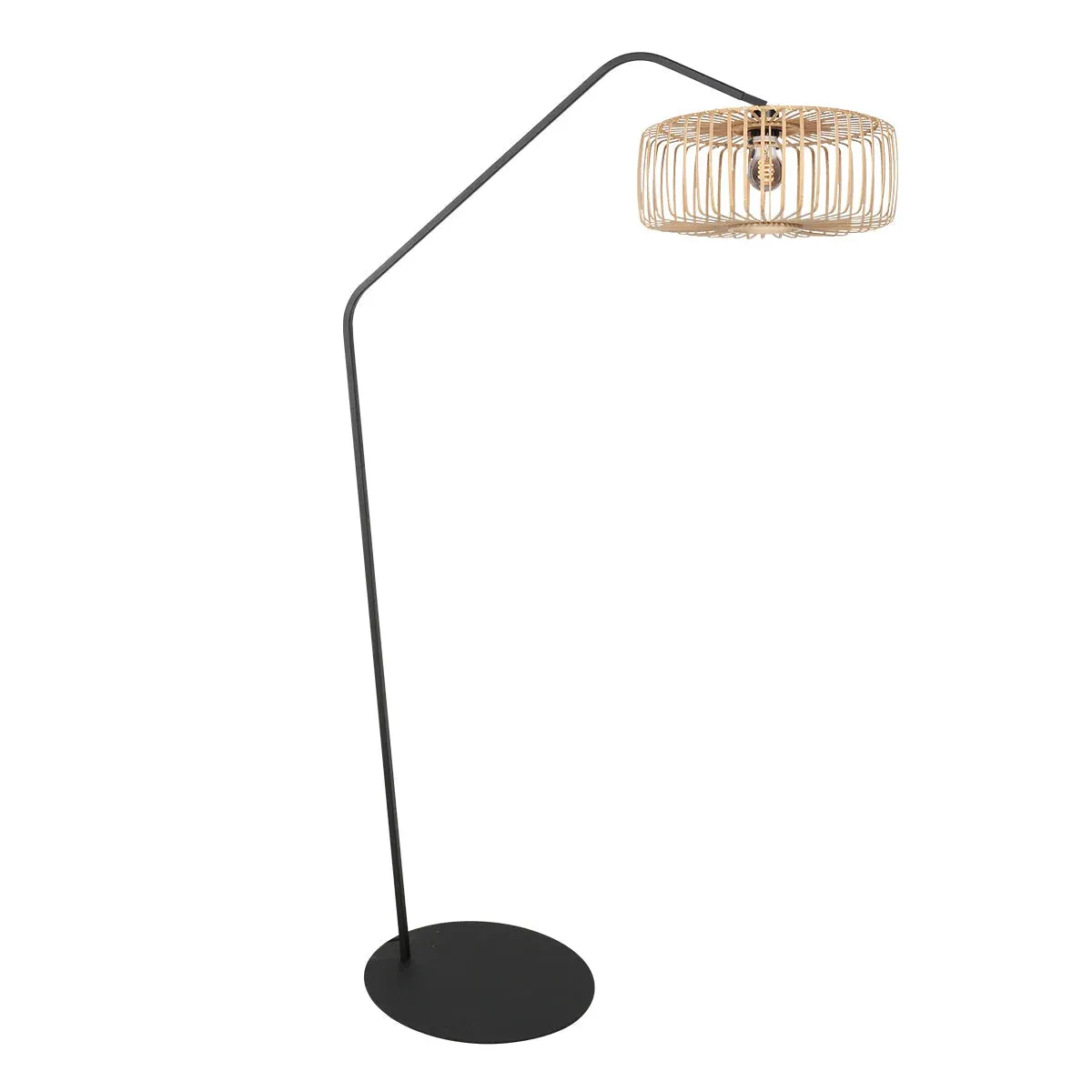 Lampadaire en métal noir avec abat-jour en rotin naturel – H173 cm