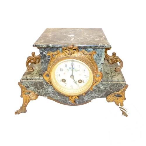 - PENDULE DE CHEMINEE ART NOUVEAU Régule mouvement fleuri marbre vert