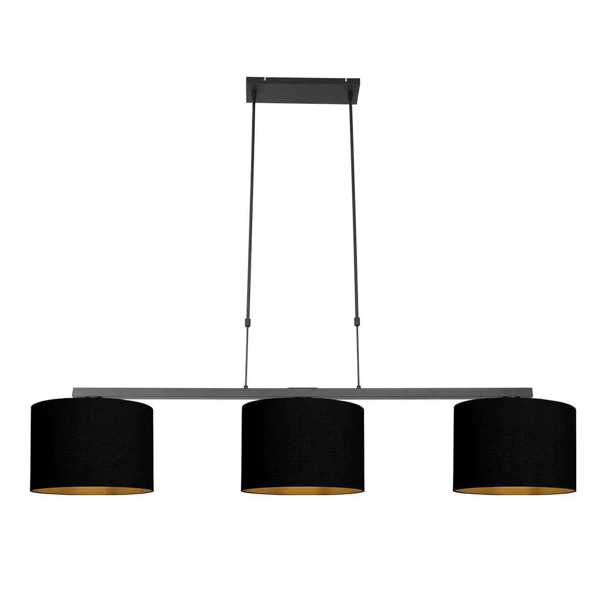 Suspension 3 abat-jour tissu noir intérieur doré – 140x30 cm