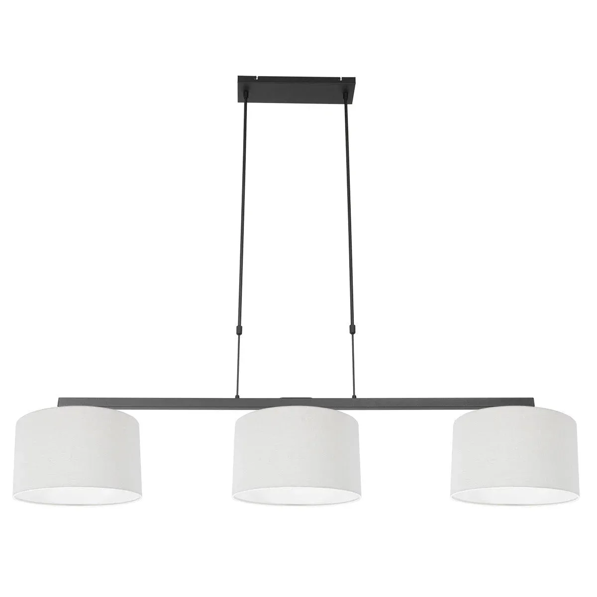 Suspension métal noir abat-jour tissu blanc linéaire 3 lumières – 140x30 cm