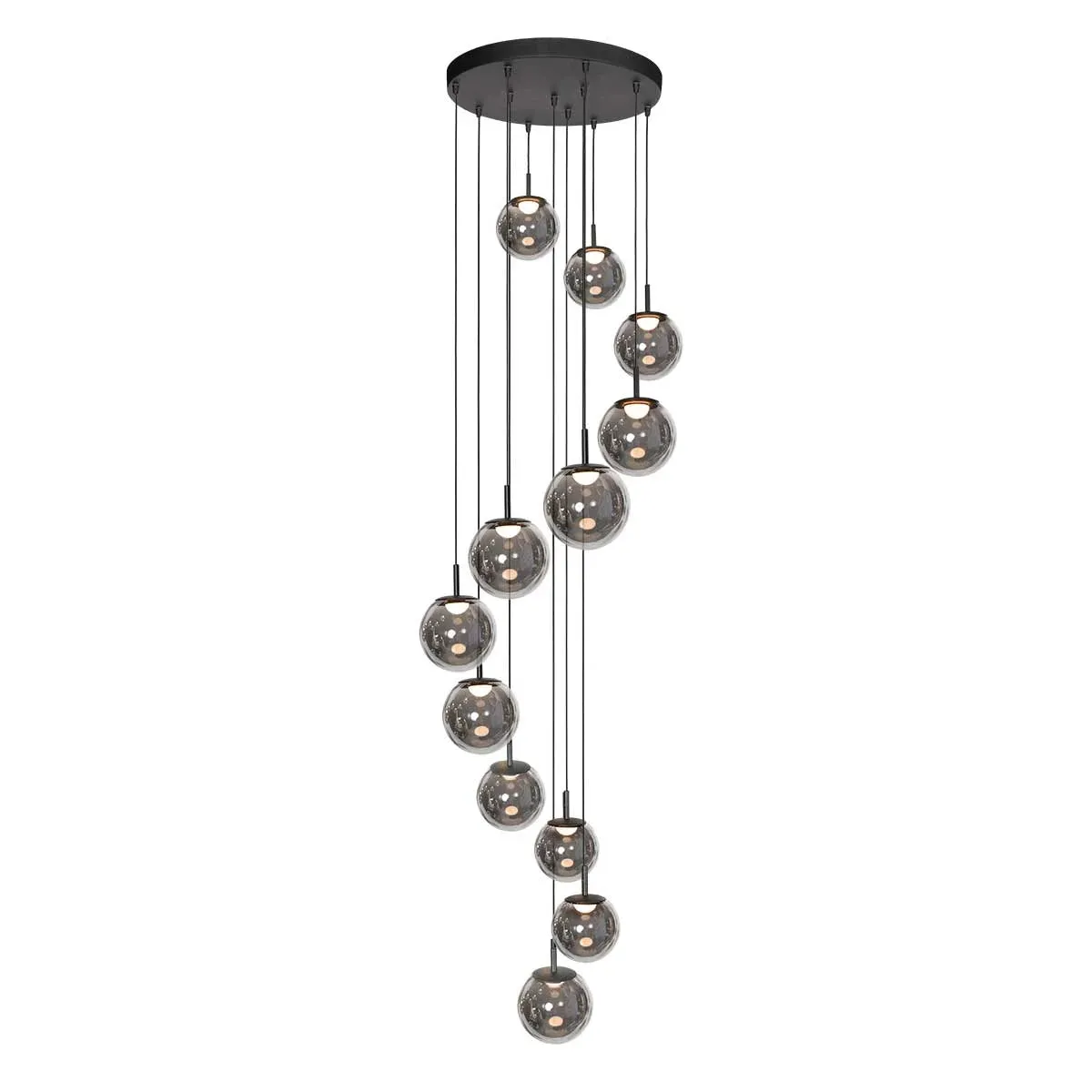 Suspension en verre fumé noir à 12 globes sphériques – Ø60 cm