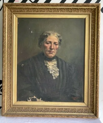 Tableau Huile sur toile PORTRAIT FEMME AGEE Sept 1908 signe LOE peinture Art