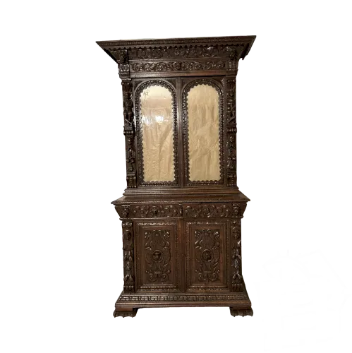 VITRINE BUFFET 2 CORPS RENAISSANCE CHENE SCULPTÉ EPOQUE 1900