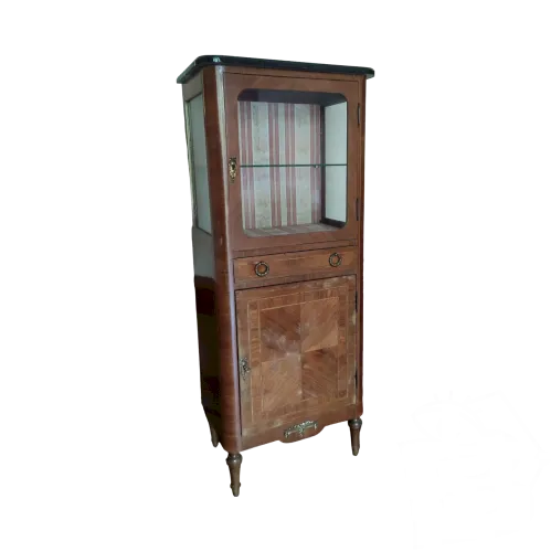 Vitrine d exposition de salon Ancienne/marqueterie/marbre noir/