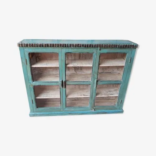 Vitrine en teck birman avec patine bleue d'origine