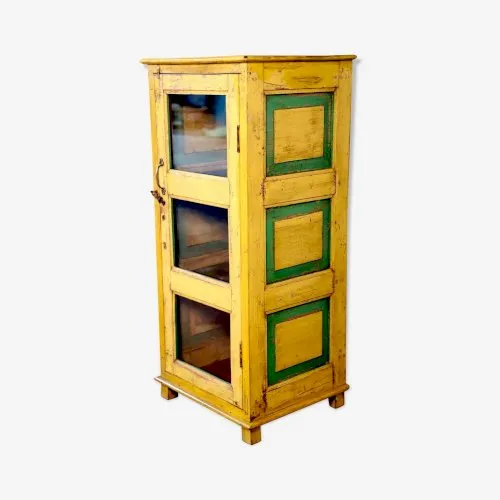 Vitrine en teck birman avec patine jaune & verte d'origine