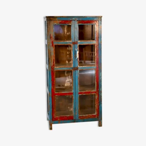 Vitrine en teck birman avec patine turquoise d'origine