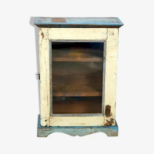 Vitrine murale en teck birman avec patine écrue - bleue d'origine