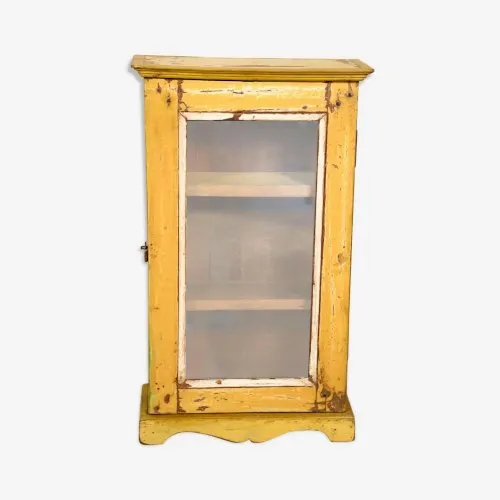 Vitrine murale en teck birman avec patine jaune dorigine