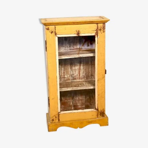 Vitrine murale en teck birman avec patine jaune d'origine