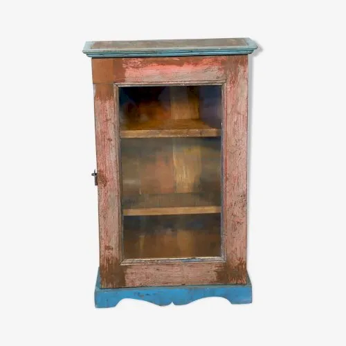 Vitrine murale en teck birman avec patine rouge - bleue d'origine