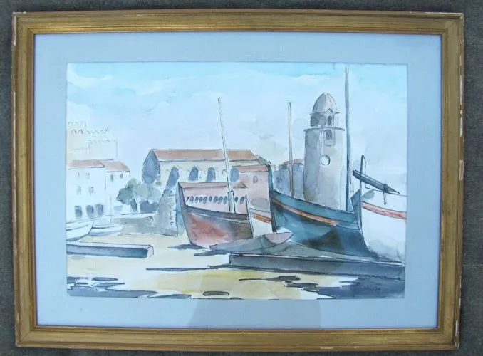 Vue sur le port de Collioure - aquarelle - art contemporain - cadre doré